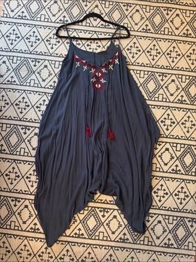 lovestitch blueish gray Embroidered Spaghetti-Strap Jumpsuit with Red Accents